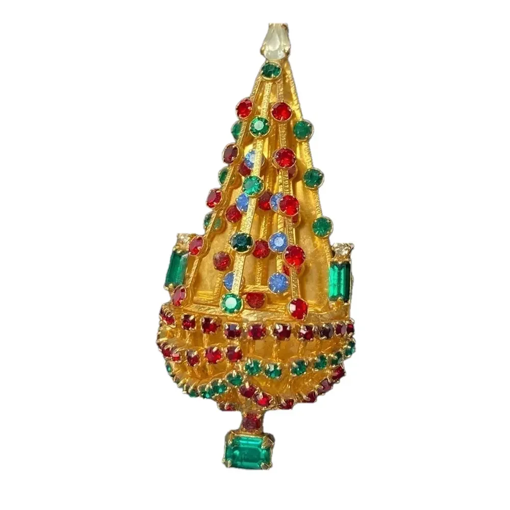 Joseph Warner Chandelier Christmas Tree Brooch w/ Candles and Rhinestones RARE